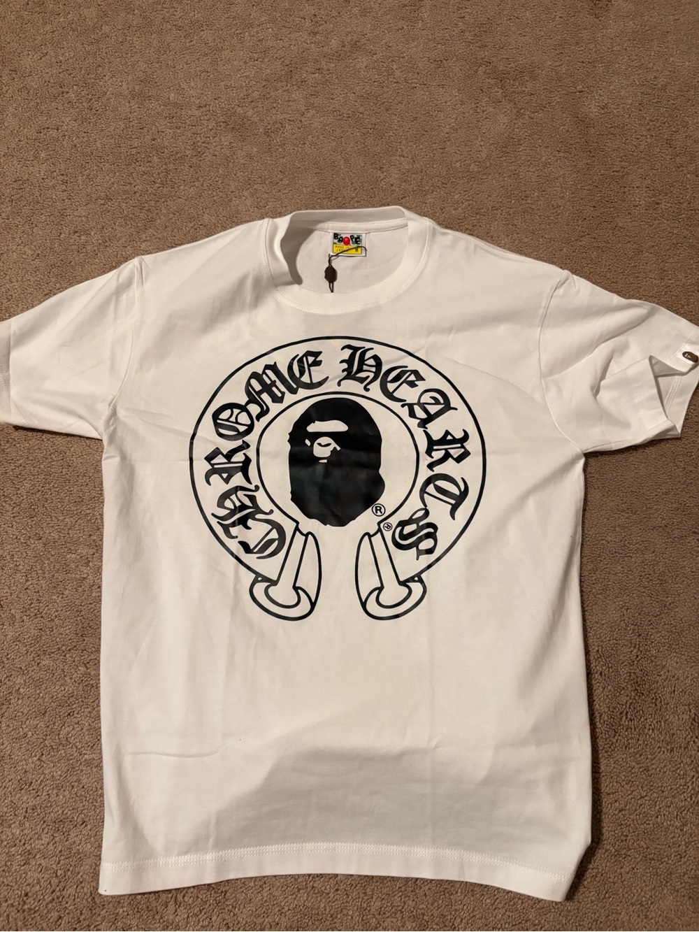 White chrome heart bape shirt